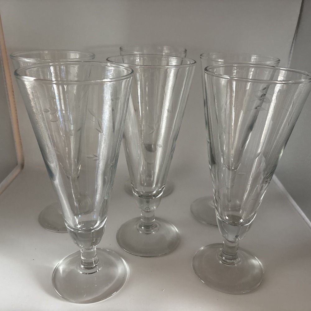 Vintage Princess House Heritage Crystal Pilsner Flute Glasses Etched - Set of 6